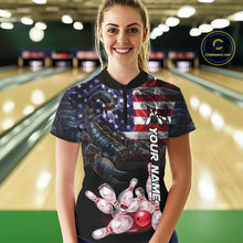 Load image into Gallery viewer, Woman Wearing Smoke American Flag Scorpion Bowling Quarter Zip Shirt Front View Custom Bowling Jersey