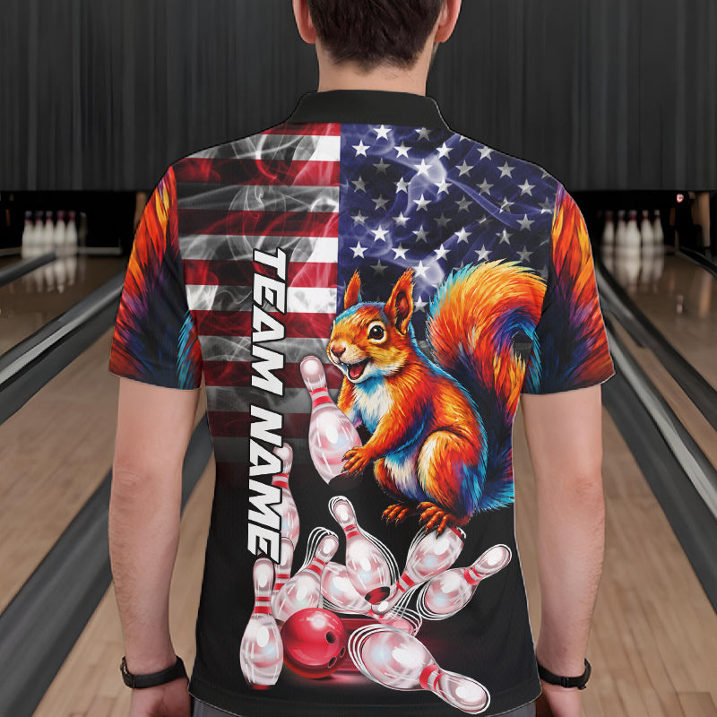 Man Wearing Smoke American Flag Squirrel Bowling Polo Shirt Back View Patriotic Bowling Team Jersey