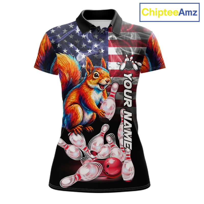 Smoke American Flag Squirrel Bowling Polo Shirt For Women Custom Patriotic Bowling Team Jersey Design