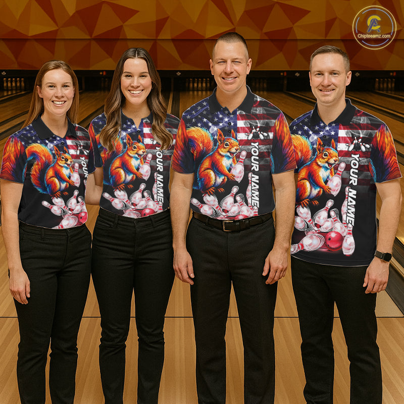 Bowling Team Wearing Smoke American Flag Squirrel Bowling Polo Shirts Front View