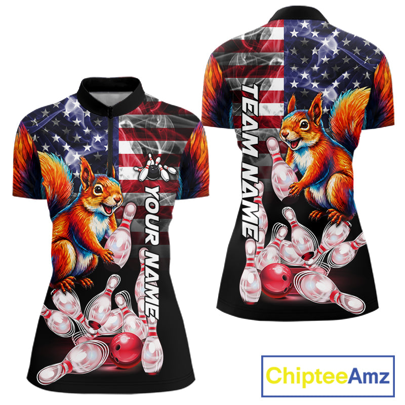 Smoke American Flag Squirrel Bowling Quarter Zip Shirt For Women Custom Patriotic Bowling Team Jersey