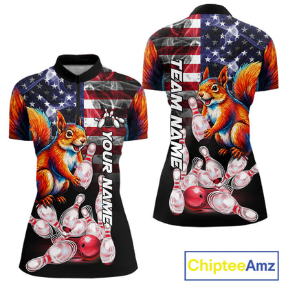 Smoke American Flag Squirrel Bowling Quarter Zip Shirt For Women Custom Patriotic Bowling Team Jersey