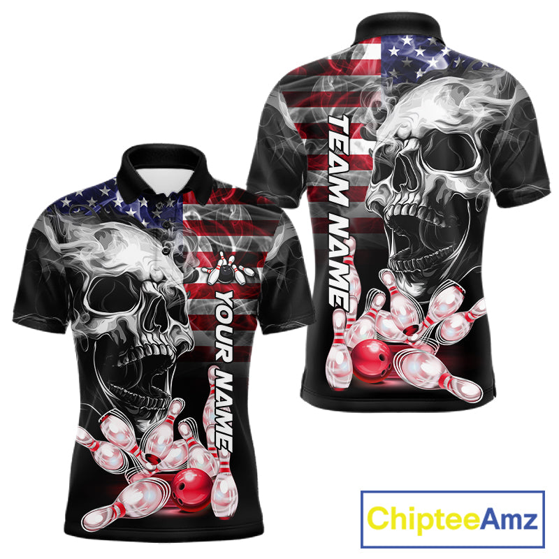 Smoke American Flag Skull Bowling Custom Polo Shirt For Men Patriotic Bowling League Team Jersey