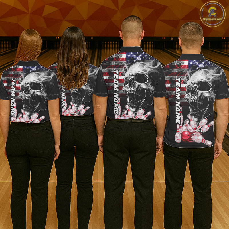 Bowling Team Wearing Smoke American Flag Skull Bowling Polo Shirts Back View
