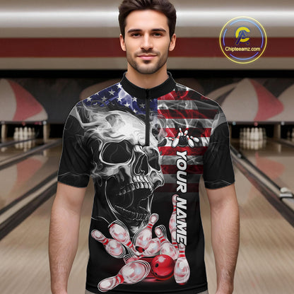 Man Wearing Smoke American Flag Skull Bowling Quarter Zip Shirt Front View Custom Bowling Jersey