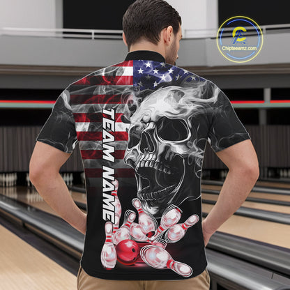 Man Wearing Smoke American Flag Skull Bowling Quarter Zip Shirt Back View Patriotic Bowling Team Jersey