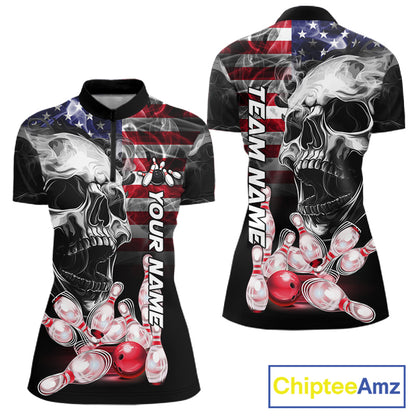 3. Smoke American Flag Skull Bowling Quarter Zip Shirt For Women Custom Patriotic Bowling Team Jersey