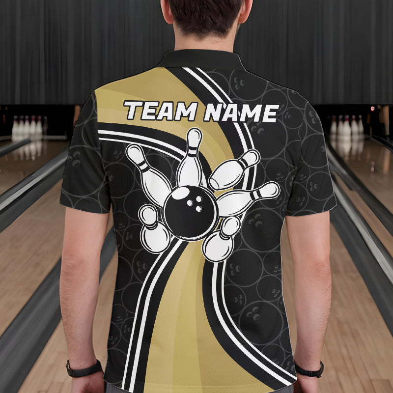 Man Wearing Black And Gold Retro Bowling Polo Shirt Back View Bowling Team Jersey