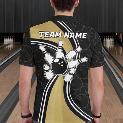 Man Wearing Black And Gold Retro Bowling Polo Shirt Back View Bowling Team Jersey