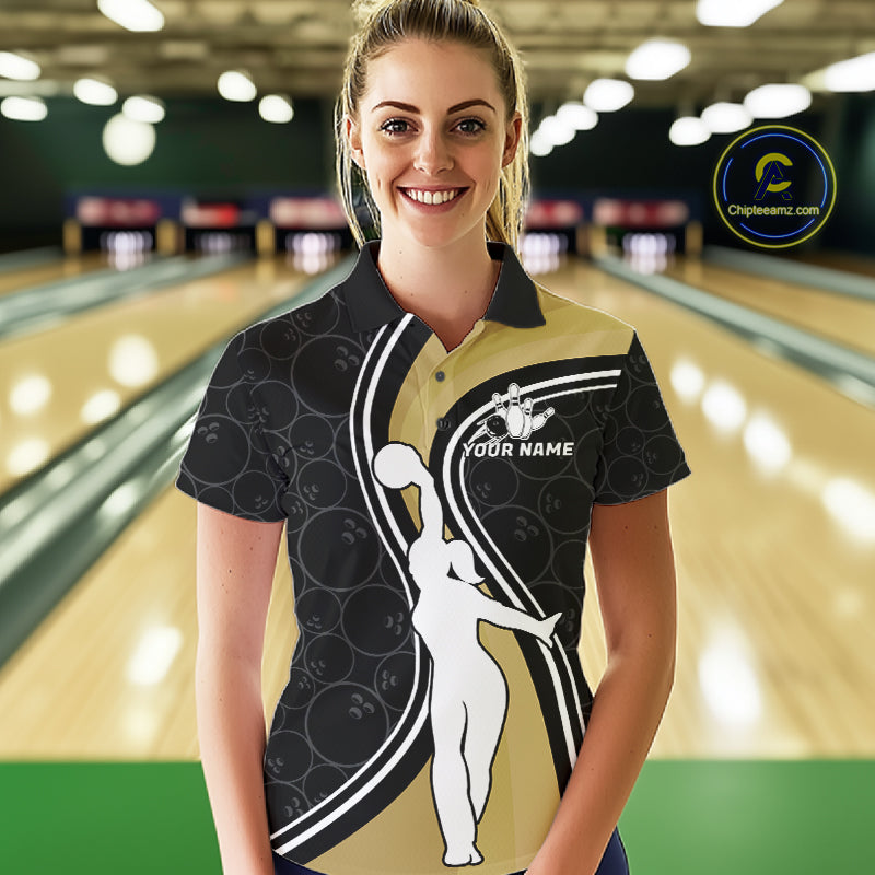Woman Wearing Black And Gold Retro Bowling Polo Shirt Front View Custom Bowling Jersey