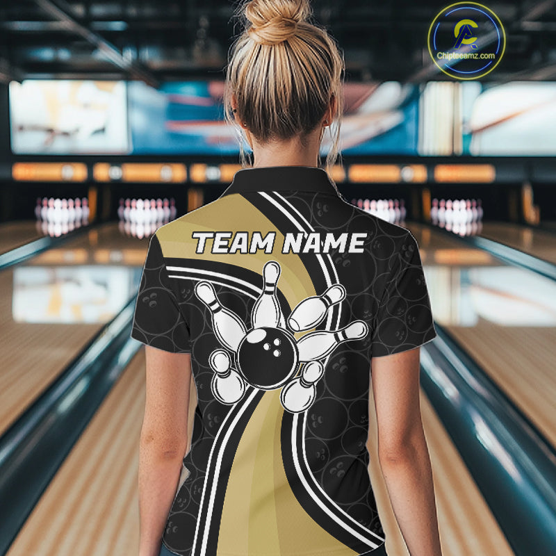 Woman Wearing Black And Gold Retro Bowling Polo Shirt Back View Bowling Team Jersey