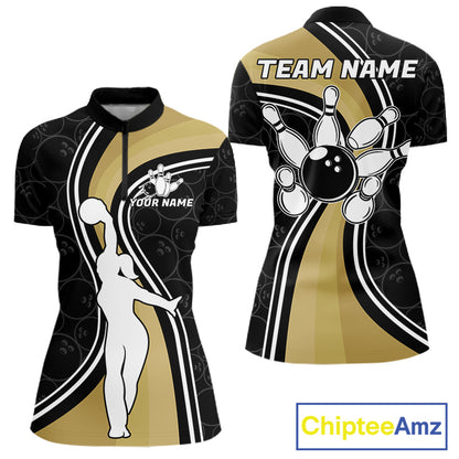 Black And Gold Retro Bowling Quarter Zip Shirt For Women Custom Bowling Team Jersey