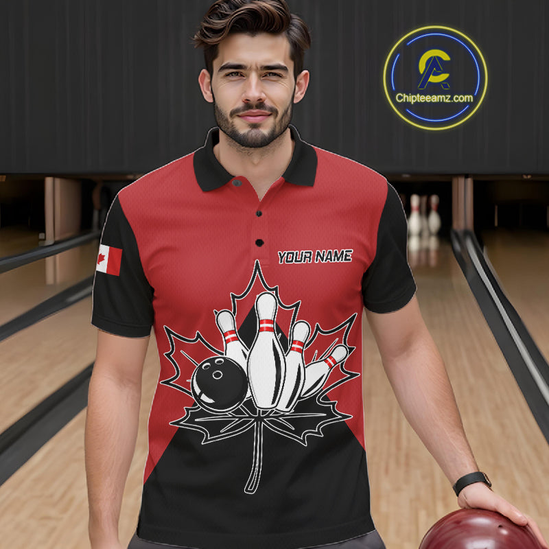 Man Wearing Canada Bowling Polo Shirt Front View Custom Bowling Team Jersey