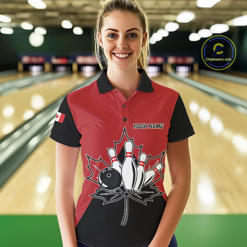 Woman Wearing Canada Bowling Polo Shirt Front View Custom Bowling Team Jersey