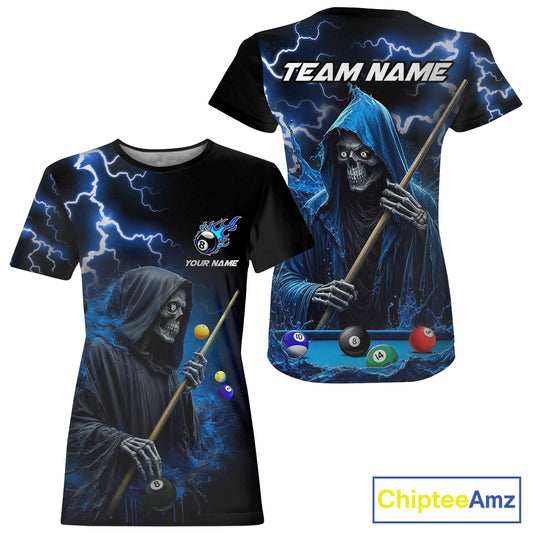 Blue Grim Reaper Billiard T-Shirt For Women Custom Thunder Lightning 8 Ball Pool Team Jersey TDM2198