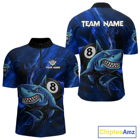 Personalized Blue 8 Ball Shark Billiard Shirt For Men Custom Billiard Team Jersey Polo & 1/4 Zip TDM5192
