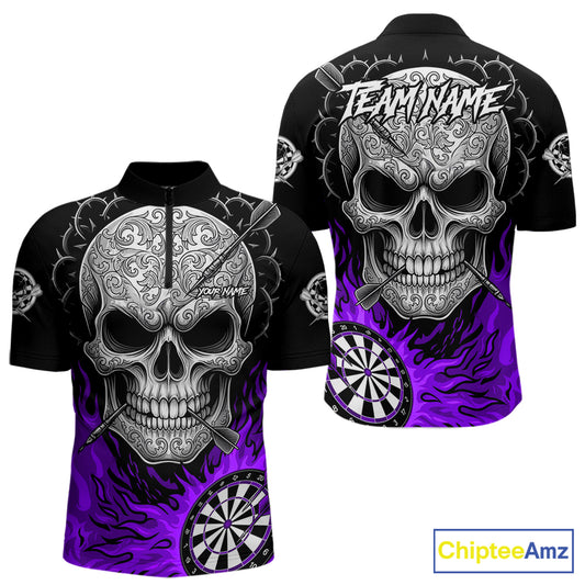 Black And Purple Flaming Skull Darts Shirt For Men Custom Darts League Jersey Team Polo & 1/4 Zip TDM5437