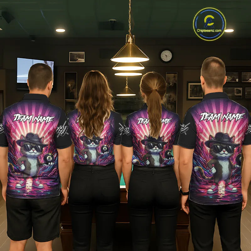 Funny Cat 8 Ball Billiard Shirt For Men Custom Neon Graffiti Billiard Jersey Team Polo & 1/4 Zip TDM5444