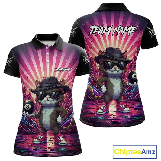 Funny Cat 8 Ball Billiard Shirt For Women Custom Neon Graffiti Billiard Jersey Team Polo & 1/4 Zip TDM5444