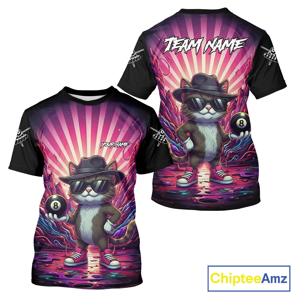 Funny Cat 8 Ball Billiard T-Shirt For Men Custom Neon Graffiti Billiard Jersey, Billiard Gifts TDM5444