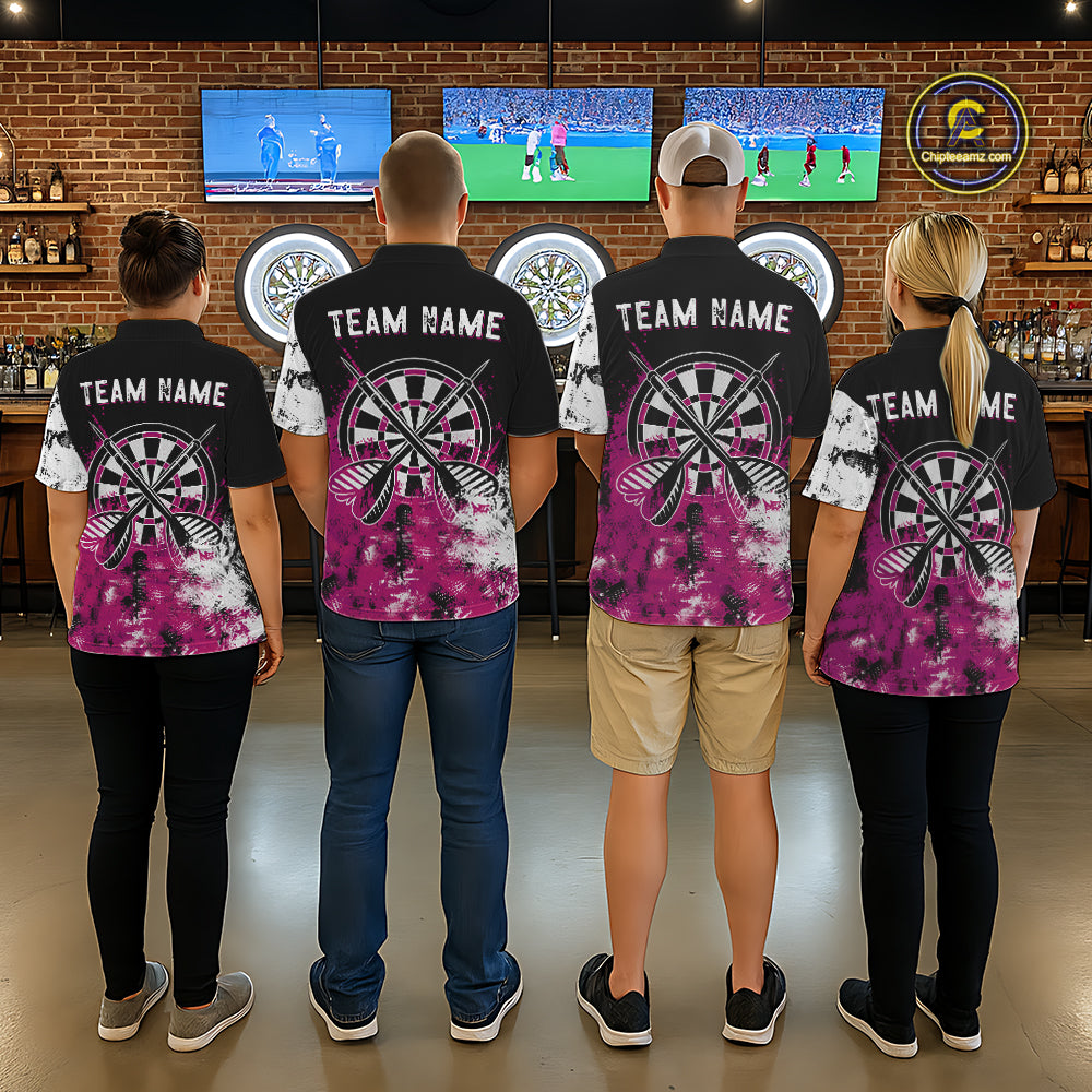Personalized Pink Grunge Mens Dart Shirts Custom Dart Jerseys Team Polo & 1/4 Zip, Darts Uniform TDM5701