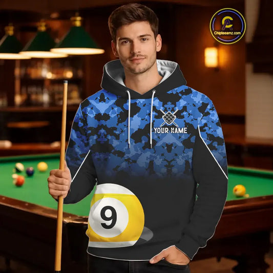 9 Ball Pool Blue Camo Custom Billiard Hoodie For Men And Women, Patriotic US Flag 9 Ball Hoodie TDM5711