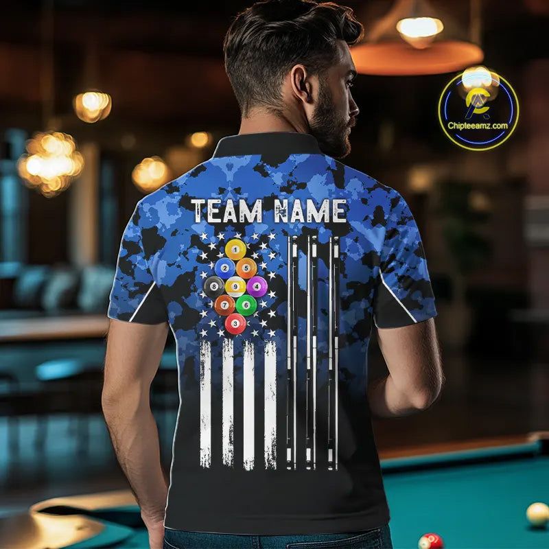 9 Ball Pool Blue Camo Custom Billiard Shirts For Men, Patriotic US Flag Billiard Team Jerseys TDM5711
