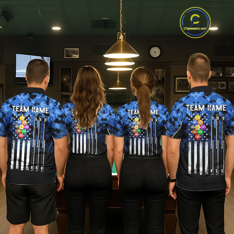 9 Ball Pool Blue Camo Custom Billiard Shirts For Men, Patriotic US Flag Billiard Team Jerseys TDM5711