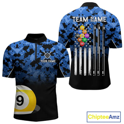 9 Ball Pool Blue Camo Custom Billiard Shirts For Men, Patriotic US Flag Billiard Team Jerseys TDM5711
