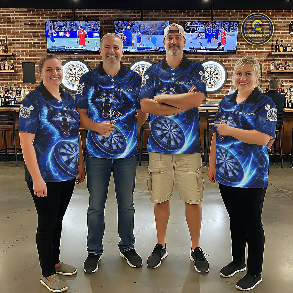 Personalized Blue Dartboard Lightning Wolf Darts Shirt For Women, Darts Team Jersey Polo & 1/4 Zip TDM5918
