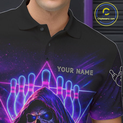 Custom Neon Grim Reaper Bowling Polo & 1/4 Zip Shirts For Men, Bowling Team Jersey Uniform TDM6317