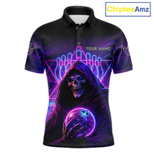 Load image into Gallery viewer, Custom Neon Grim Reaper Bowling Polo &amp; 1/4 Zip Shirts For Men, Bowling Team Jersey Uniform TDM6317