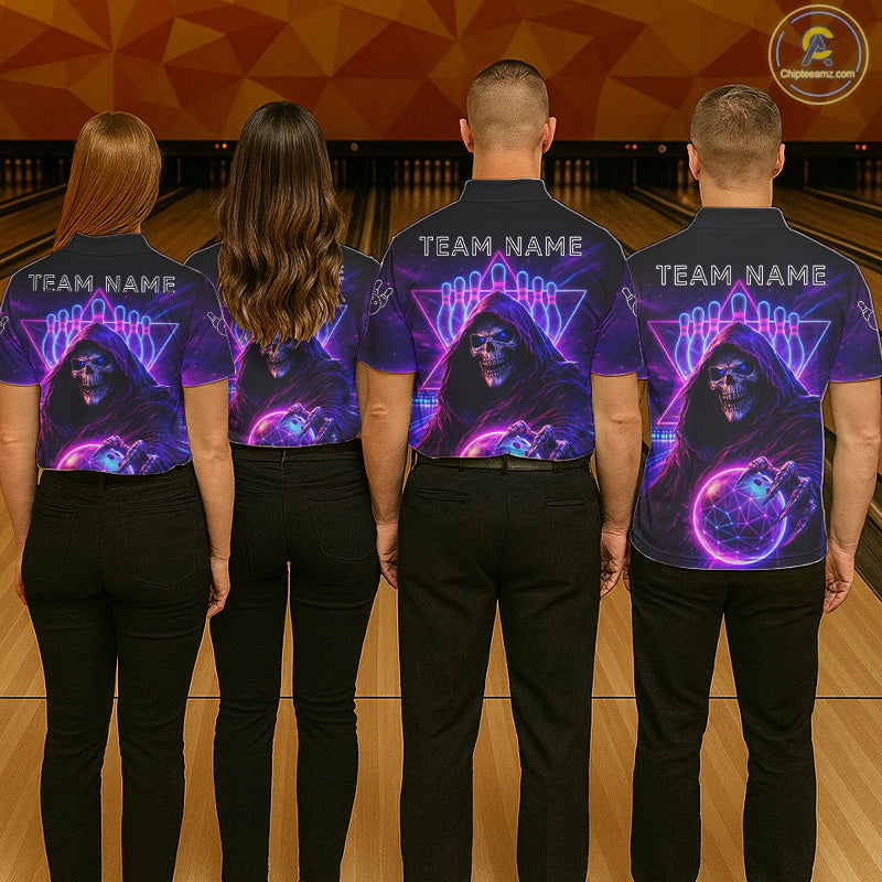 Custom Neon Grim Reaper Bowling Polo & 1/4 Zip Shirts For Men, Bowling Team Jersey Uniform TDM6317