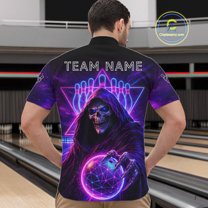Custom Neon Grim Reaper Bowling Polo & 1/4 Zip Shirts For Men, Bowling Team Jersey Uniform TDM6317