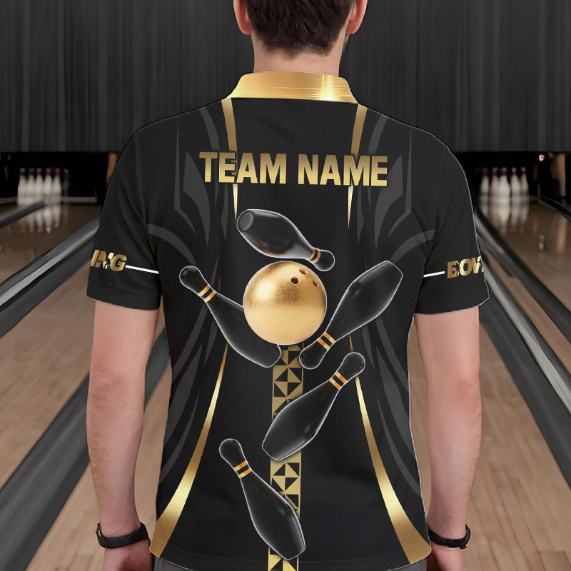 Custom Black And Gold Bowling Shirt For Men, Bowling Tournament Team Jersey Polo & 1/4 Zip TDM6318