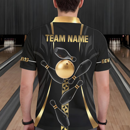 Custom Black And Gold Bowling Shirt For Men, Bowling Tournament Team Jersey Polo & 1/4 Zip TDM6318