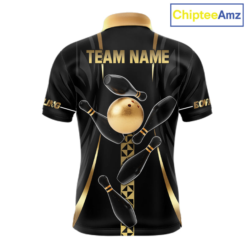 Custom Black And Gold Bowling Shirt For Men, Bowling Tournament Team Jersey Polo & 1/4 Zip TDM6318