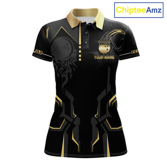 Custom Black And Gold Bowling Shirt For Women, Bowling Tournament Team Jersey Polo & 1/4 Zip TDM6318