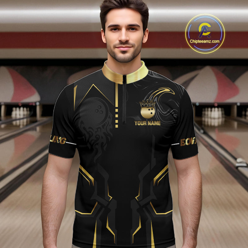 Custom Black And Gold Bowling Shirt For Men, Bowling Tournament Team Jersey Polo & 1/4 Zip TDM6318