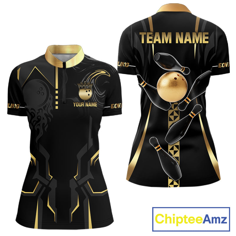 Custom Black And Gold Bowling Shirt For Women, Bowling Tournament Team Jersey Polo & 1/4 Zip TDM6318