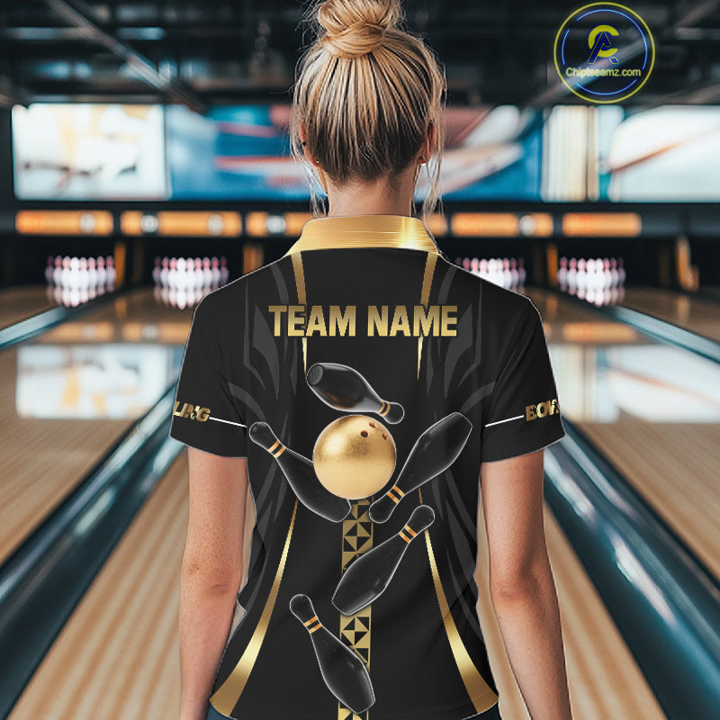 Custom Black And Gold Bowling Shirt For Women, Bowling Tournament Team Jersey Polo & 1/4 Zip TDM6318