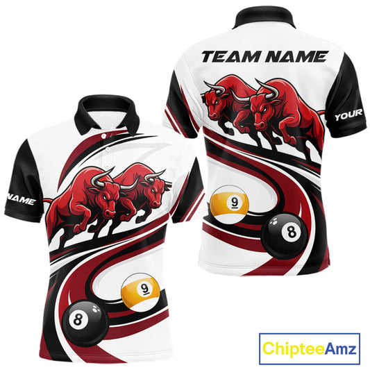 Custom Red 8 Ball & 9 Ball Pool Bull Billiard Shirt For Men, Billiard Team Jersey Polo & 1/4 Zip TDM6493