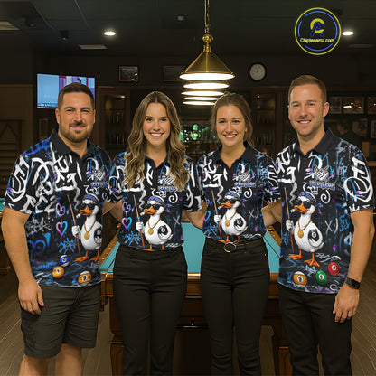 Colorful Graffiti Funny Duck 8 Ball Billiard Shirt For Men Custom Pool Team Jersey Polo & 1/4 Zip TDM6497