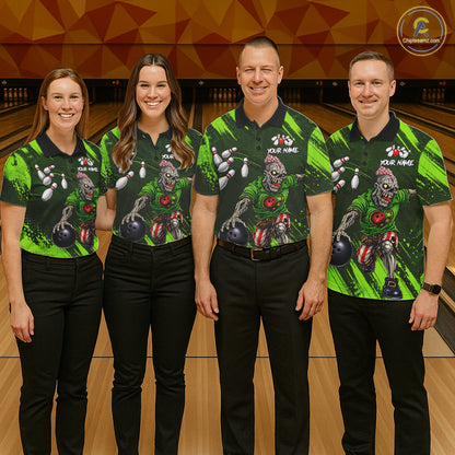 Custom Green Funny Zombie Bowling Shirt For Men, Bowling Team League Jersey Polo & Quarter Zip TDM6498