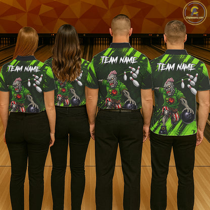 Custom Green Funny Zombie Bowling Shirt For Men, Bowling Team League Jersey Polo & Quarter Zip TDM6498