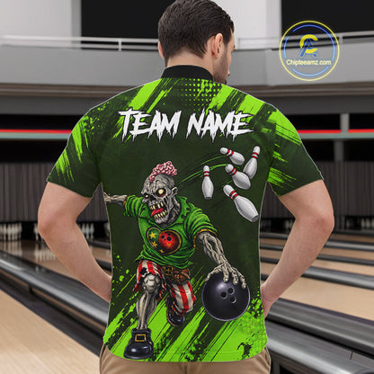Custom Green Funny Zombie Bowling Shirt For Men, Bowling Team League Jersey Polo & Quarter Zip TDM6498