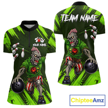Custom Green Funny Zombie Bowling Shirt For Women, Bowling Team League Jersey Polo & Quarter Zip TDM6498