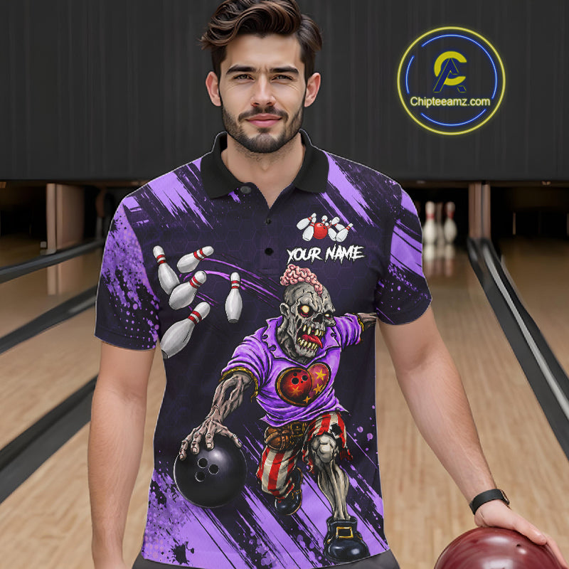 Custom Purple Funny Zombie Bowling Shirt For Men, Bowling Team League Jersey Polo & Quarter Zip TDM6499