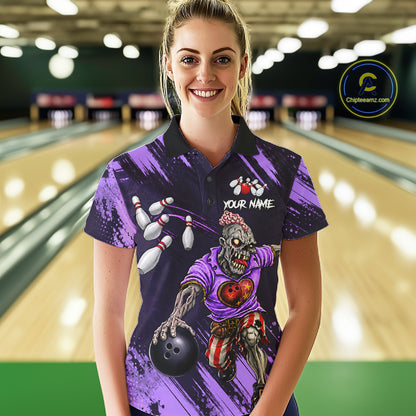 Custom Purple Funny Zombie Bowling Shirt For Women, Bowling Team League Jersey Polo & Quarter Zip TDM6499