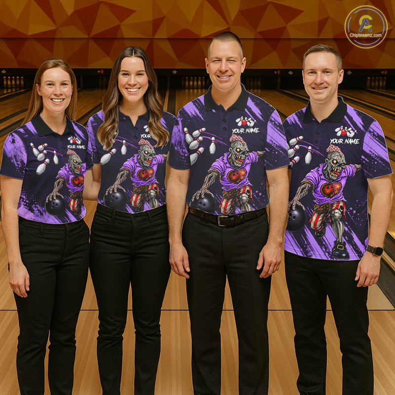 Custom Purple Funny Zombie Bowling Shirt For Men, Bowling Team League Jersey Polo & Quarter Zip TDM6499
